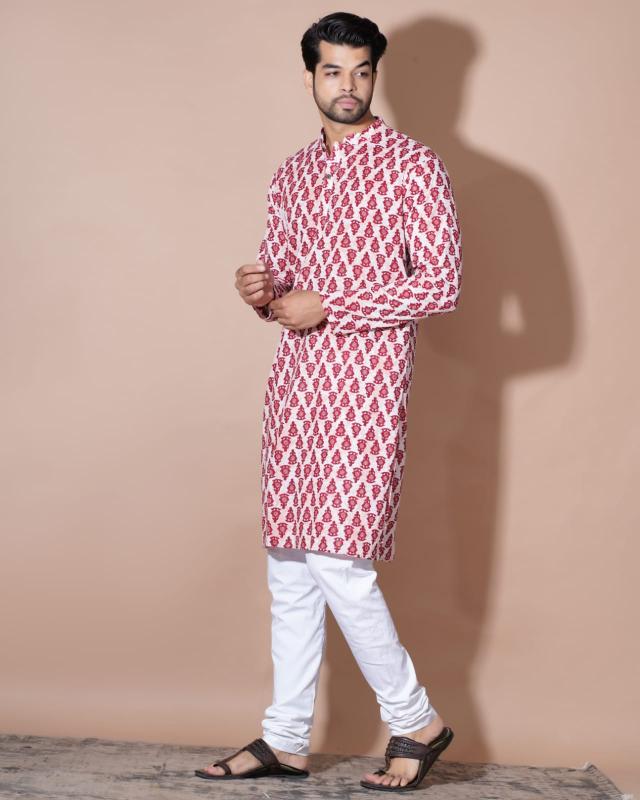 Pink Block Cotton Mens Kurta