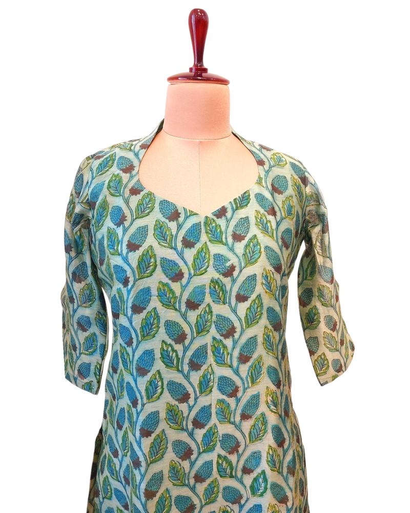 Turquoise Chanderi Silk Kurta with collar round neck