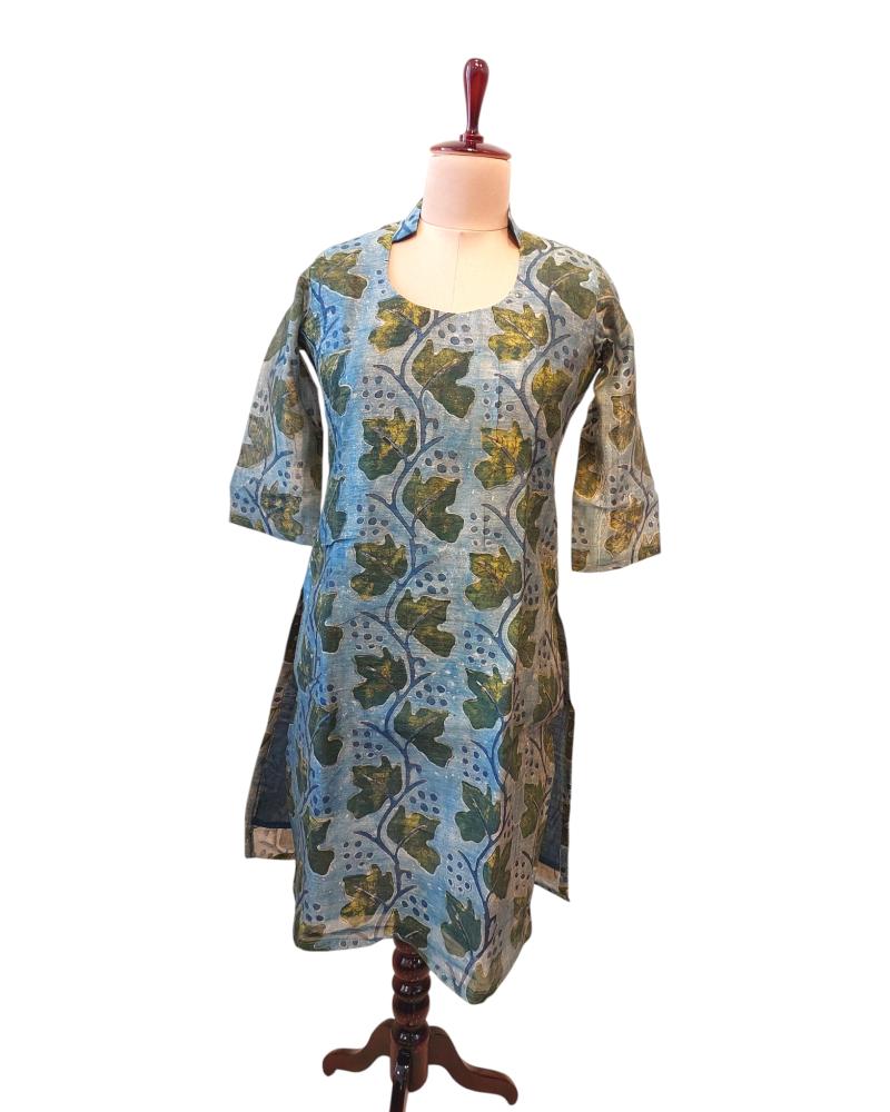Pastel Leaf Natural print Chanderi silk kurta round collar Neck