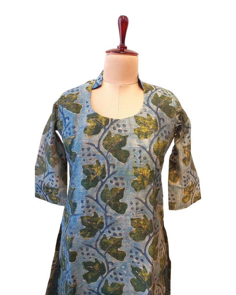 Pastel Leaf Natural print Chanderi silk kurta round collar Neck