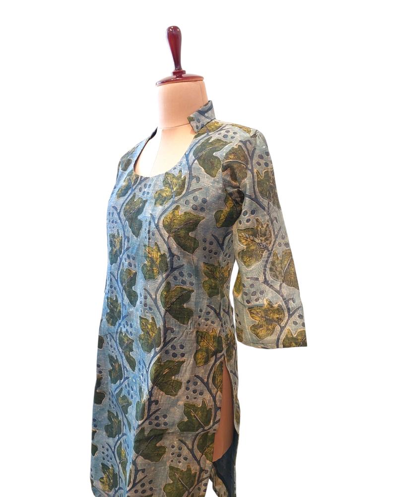 Pastel Leaf Natural print Chanderi silk kurta round collar Neck