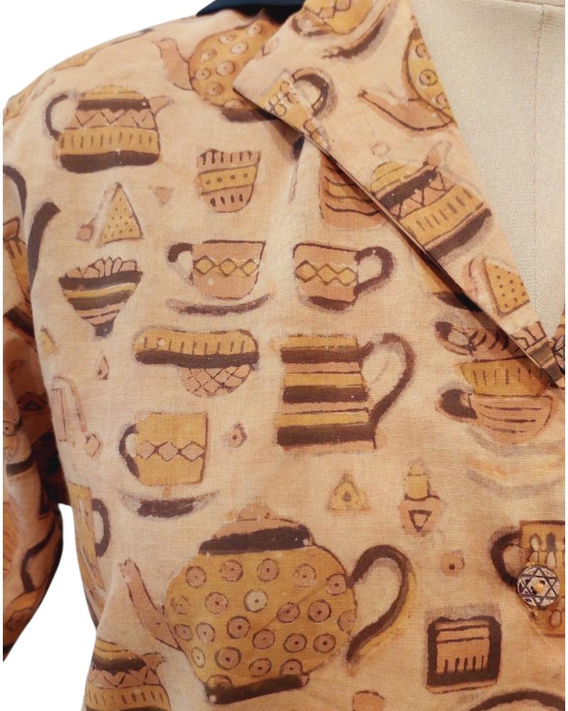 Natural Dye Organic Cotton Shirt Tea pot design, Earthy Shirt, Casual Women's shirt, Wabi Sabi Shirt, Pure Cotton Shirts, Cuban Collared Shirt, Unique Print Shirt