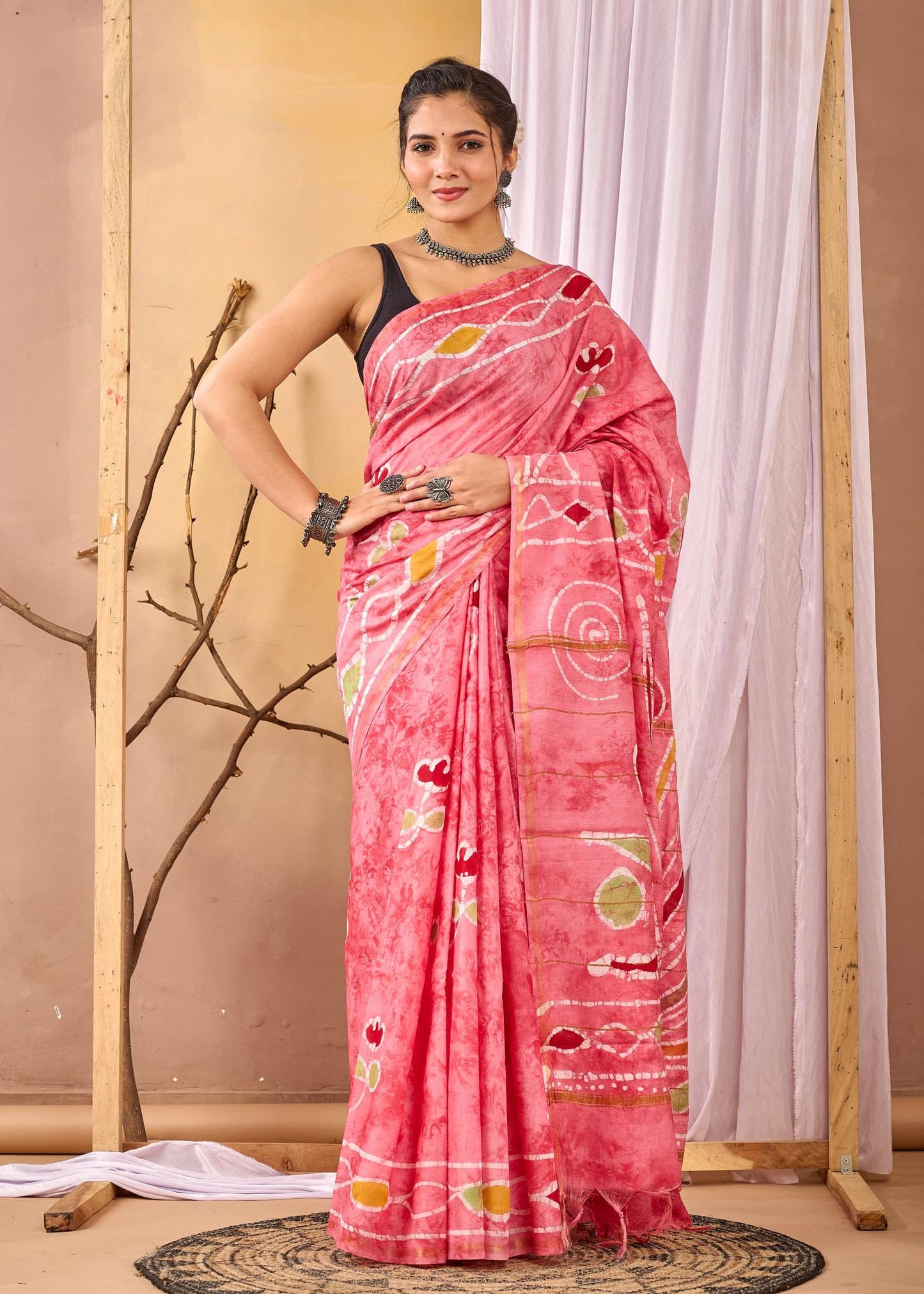 Batik Painting peach Chanderi Silk Saree, Batik Silk Sarees, Summer Soirèè, Handpainted Batik Sarees, Ranga Chakra, peach Batik Saree
