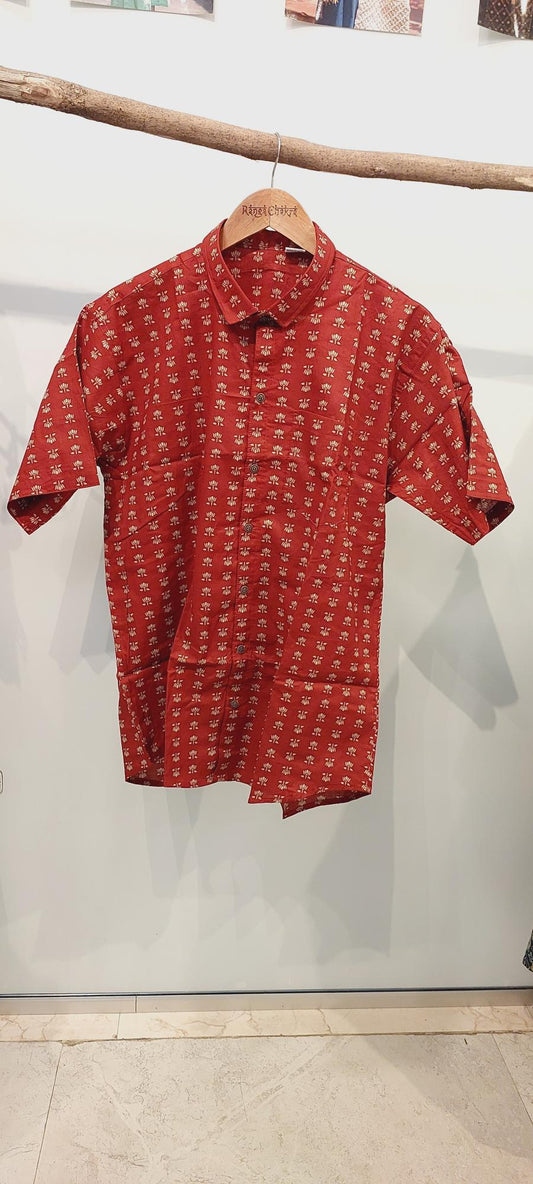 Brick red Mul Cotton Mens Slim fit Shirt, Mul Mul Cotton Mens shirt, Mens Block Printed shirt, Slim Fit Shirts, Beach wear Mens shirt, Lotus print mensshirt, Lotus flower shirt,