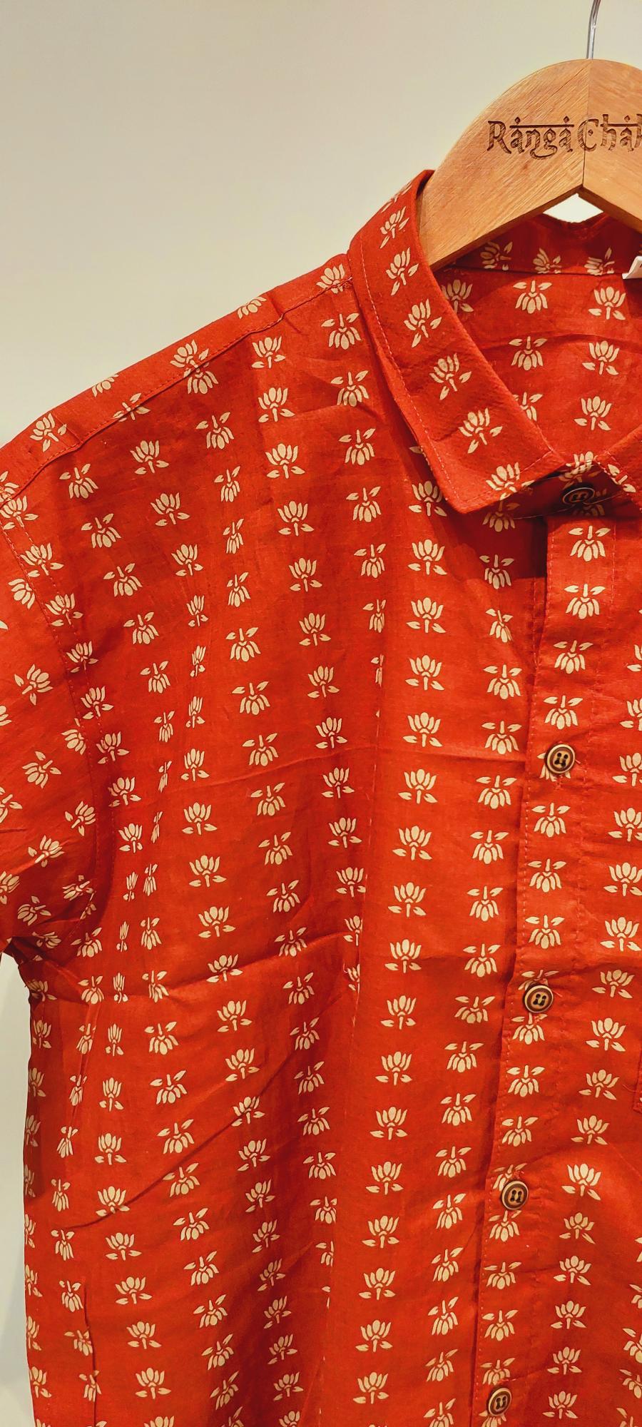 Brick red Mul Cotton Mens Slim fit Shirt, Mul Mul Cotton Mens shirt, Mens Block Printed shirt, Slim Fit Shirts, Beach wear Mens shirt, Lotus print mensshirt, Lotus flower shirt,