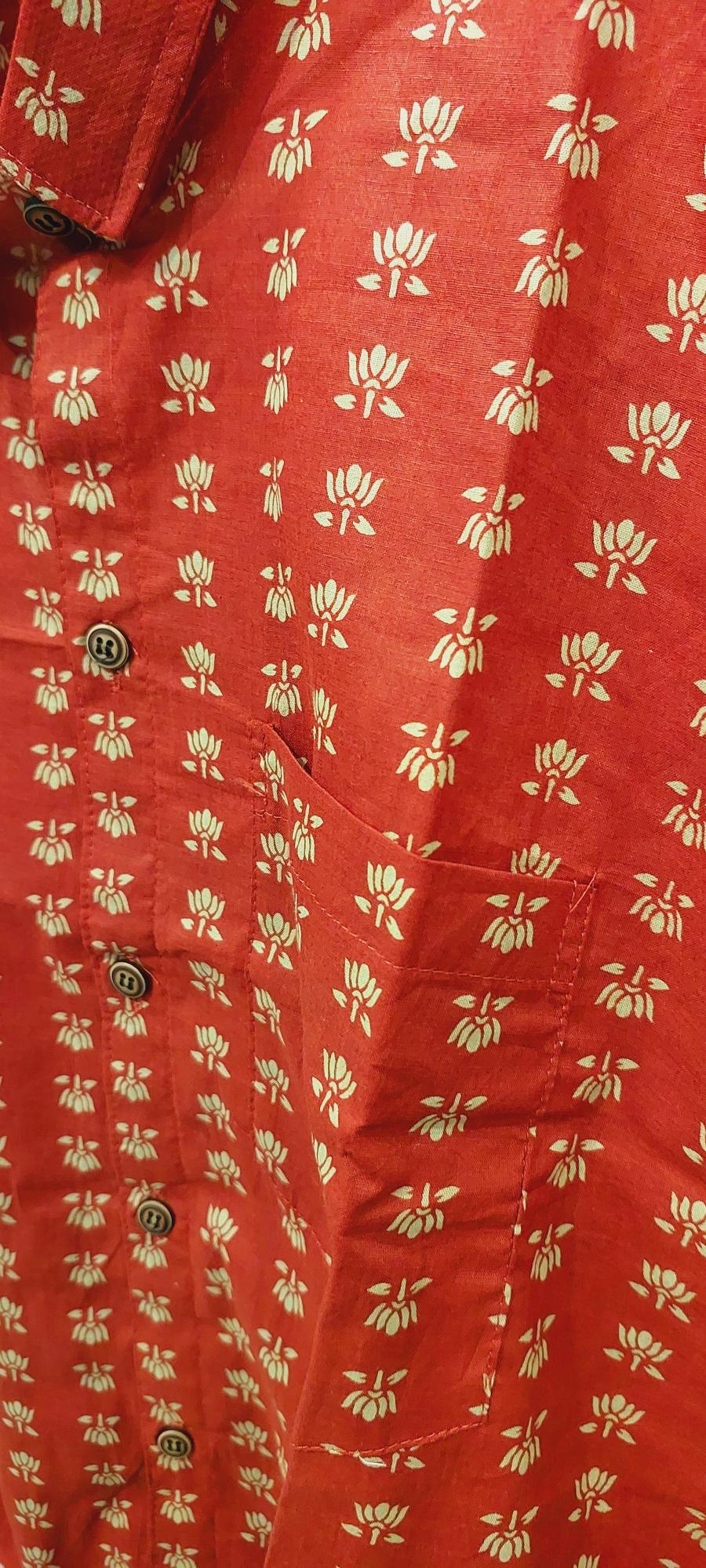 Brick red Mul Cotton Mens Slim fit Shirt, Mul Mul Cotton Mens shirt, Mens Block Printed shirt, Slim Fit Shirts, Beach wear Mens shirt, Lotus print mensshirt, Lotus flower shirt,