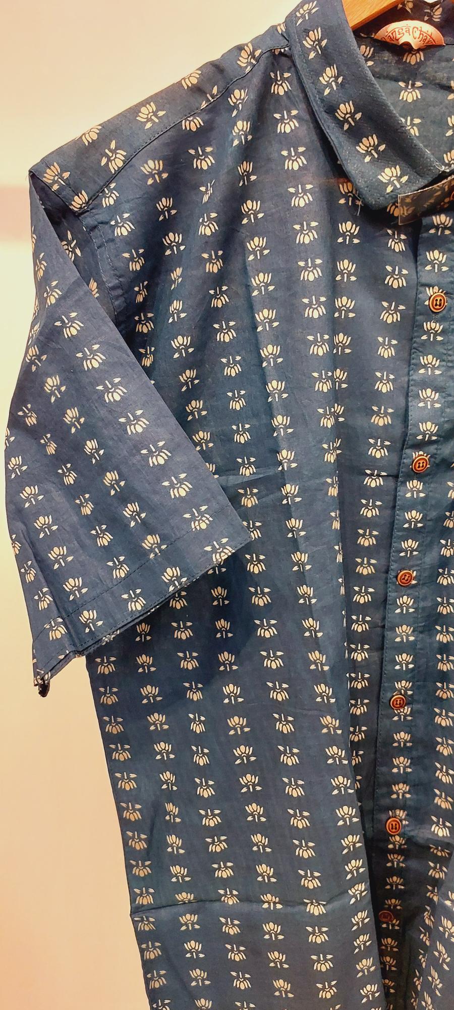 Indigo Lotus Cotton Mens Slim fit Shirt, Mul Mul Cotton Mens shirt, Mens Block Printed shirt, Slim Fit Shirts, Beach wear Mens shirt, abstract print mens shirt, flower shirt , lotus print on shirt, blue Lotus Block print Shirt, Neel Kamal Shirt