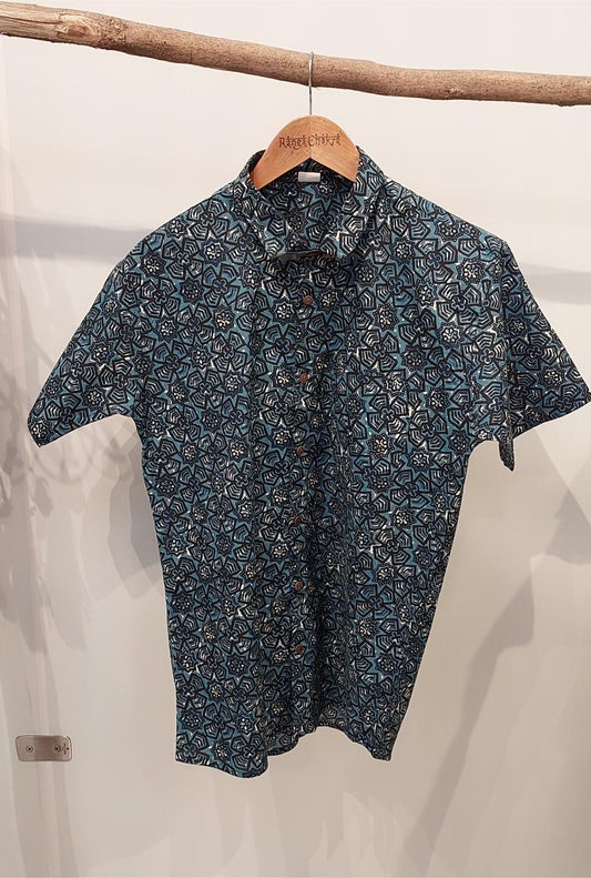 Pin wheel Indigo Mul Cotton Mens Slim fit Shirt, Mul Mul Cotton Mens shirt, Mens Block Printed shirt, Slim Fit Shirts, Beach wear Mens shirt