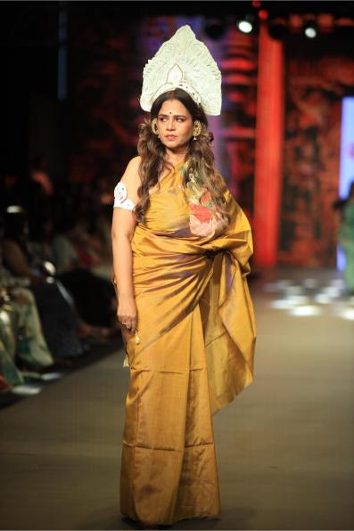 Divine Handpainted Mahalakshmi Golden Pure Silk Saree