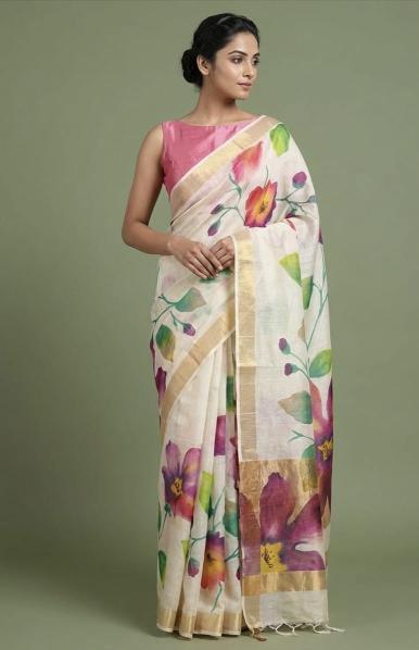Designer Handpainted Floral Silk Saree, Cream & Gold Zari Edition