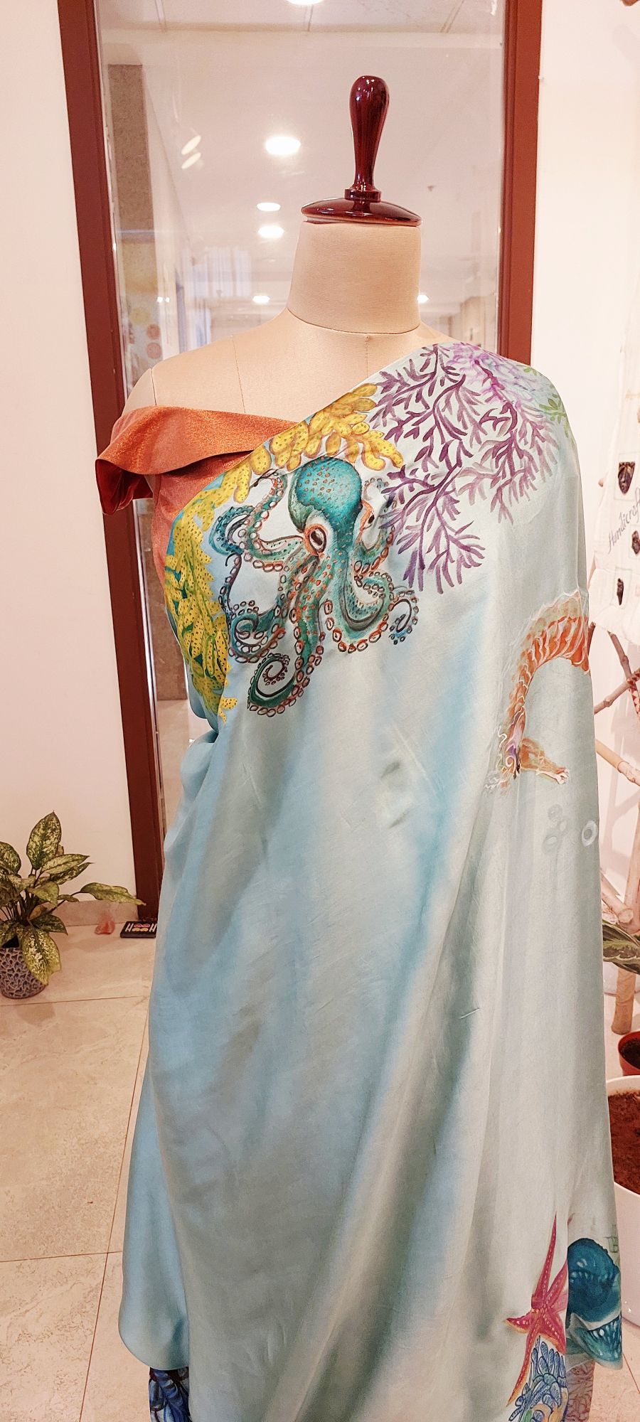 Hand-Painted Deep Sea Symphony , Vegan Silk Saree