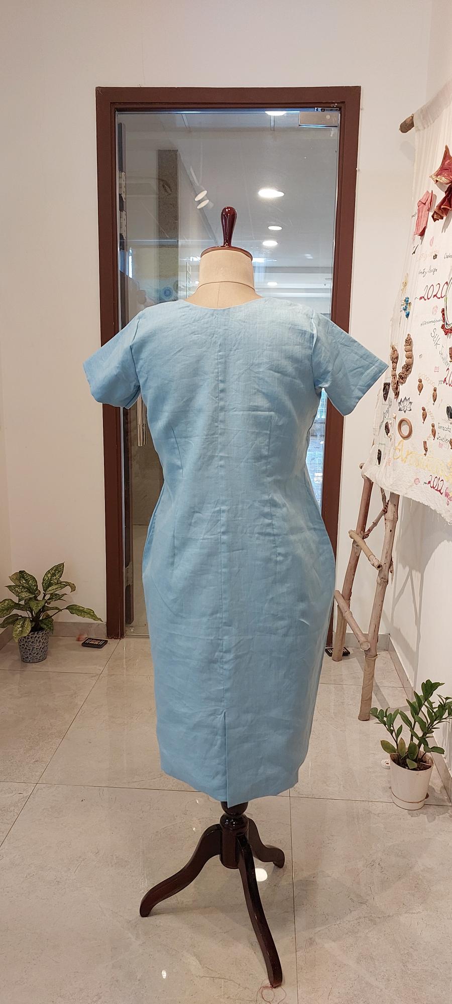 Effortless Sky Blue Linen dress- Sustainable V-Neck A-Line for Beach & Brunch