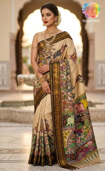 Beige Pen Kalamkari Silk Saree