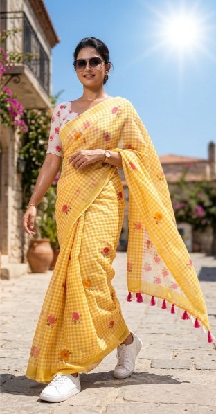 Sunshine yellow Gingham Linen Saree- Summer Floral Checks Ranga Chakra