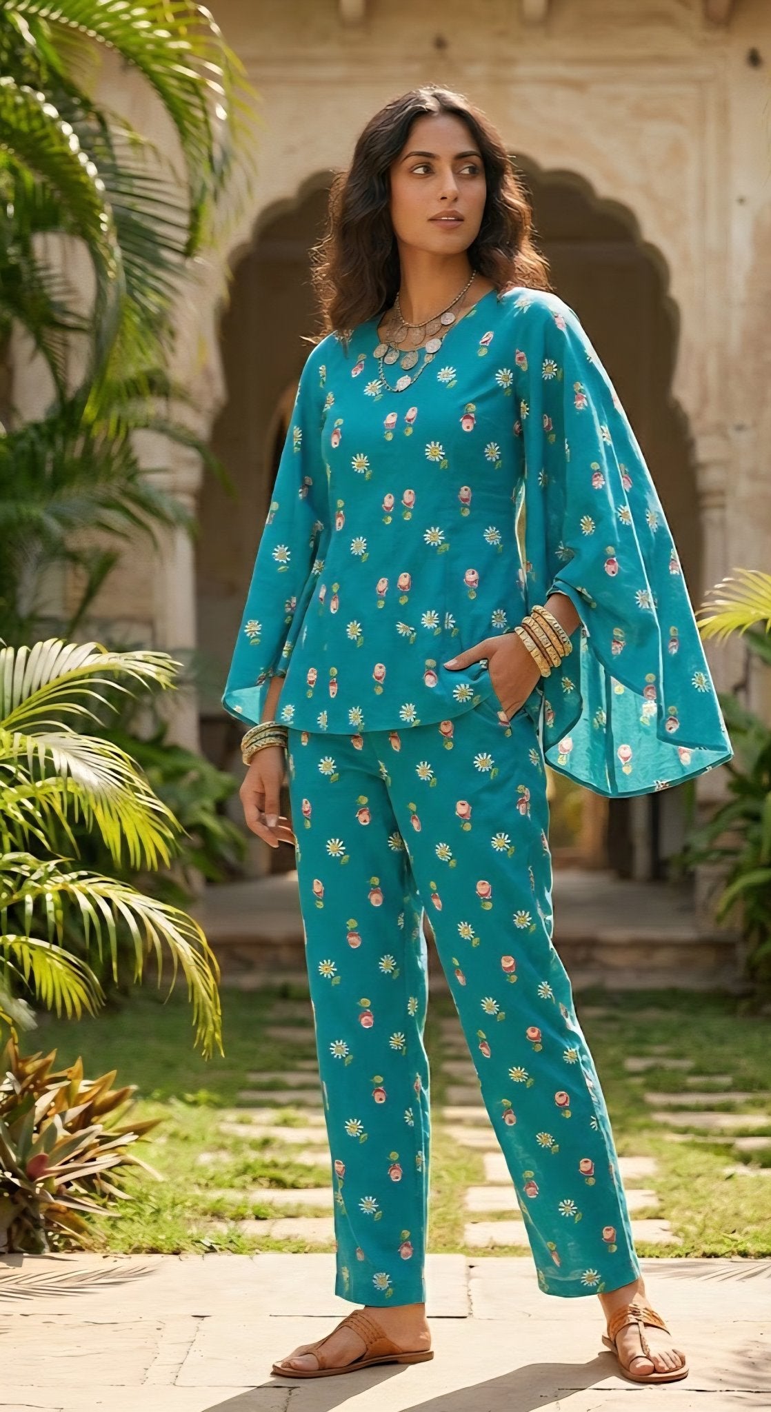 Turquoise Co-ord Set - Bell sleeves tunic and straight fit trouser