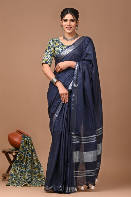 Carbon blue Linen cotton saree