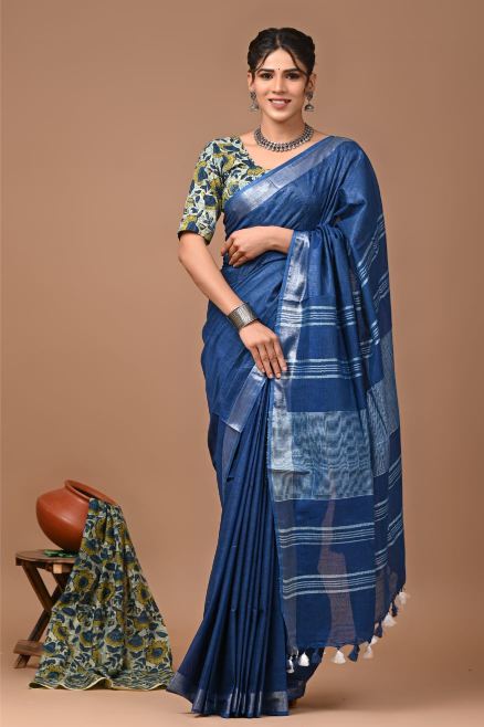 Midnight Blue Linen Cotton Saree