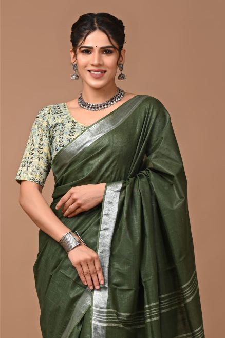 Moss green linen saree