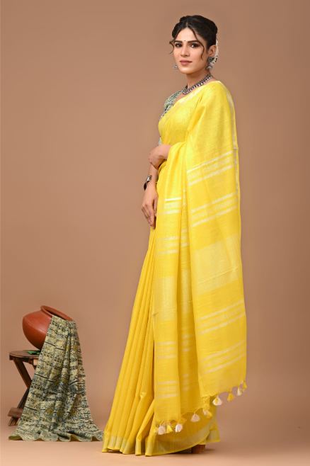 Lemon Yellow Linen saree