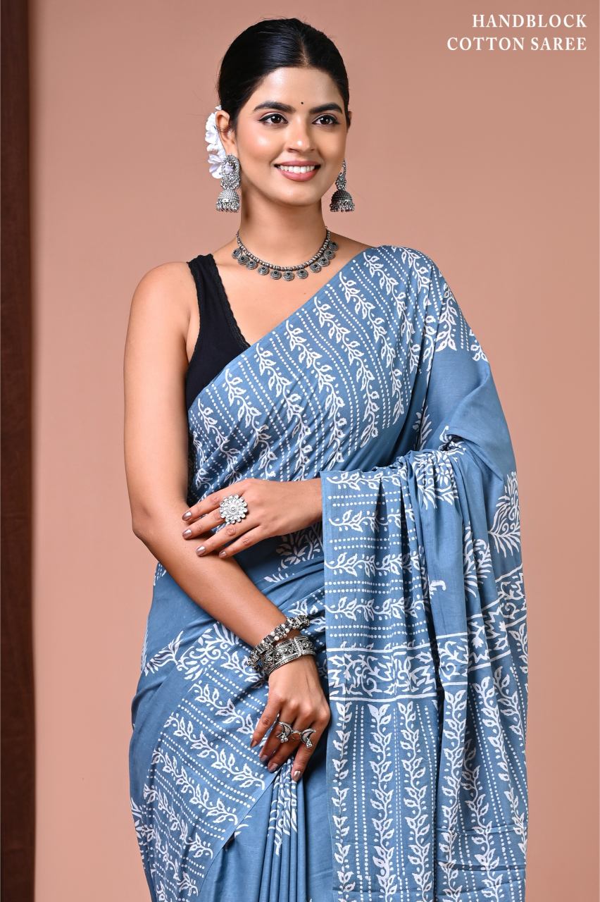Slate blue Mul cotton saree