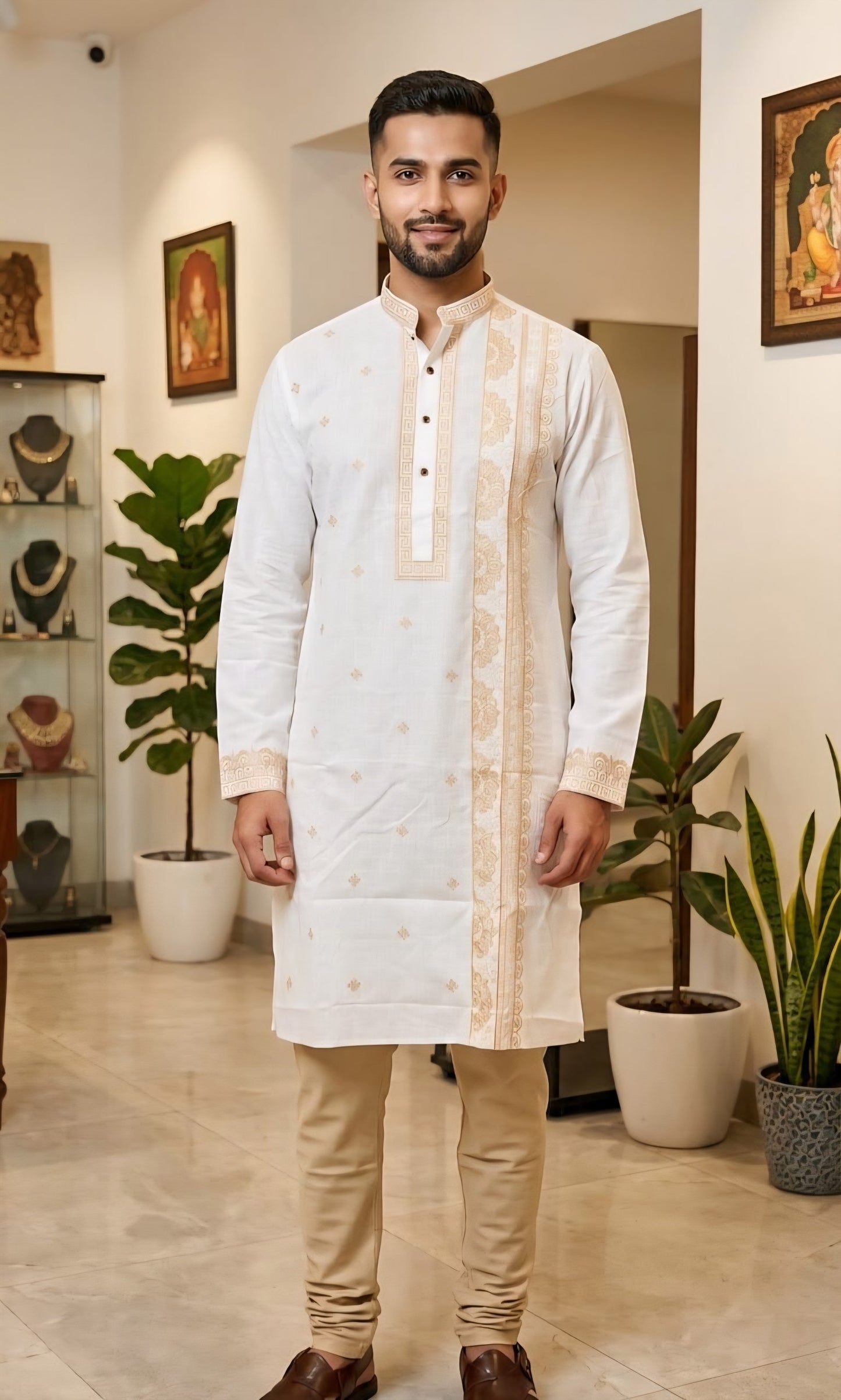 Ivory Abstract embroidered Mens Kurta