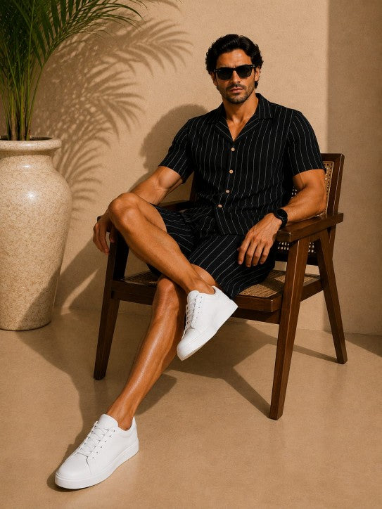Black Striped Cotton Men's Co ord set