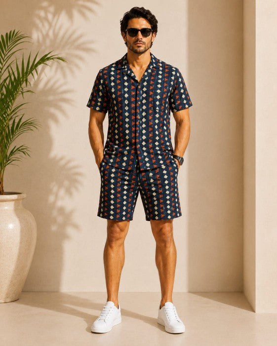 Geometric Pattern Men’s Cotton Co-ord Set