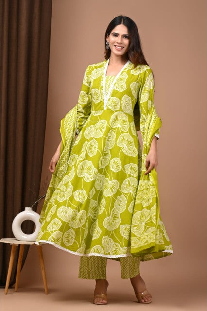 Olive Green Mul Cotton Anarkali Suits