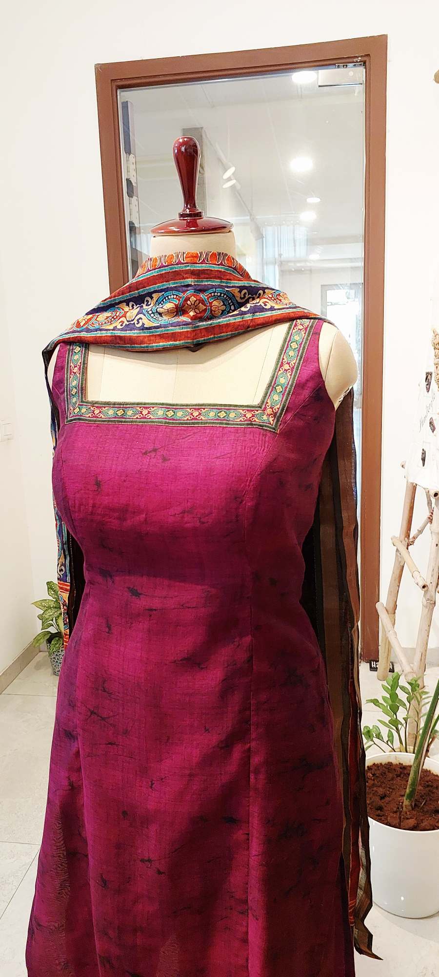Deep Magenta Maheshwari Silk Set with Criss-Cross Back Detail |Festive Wear