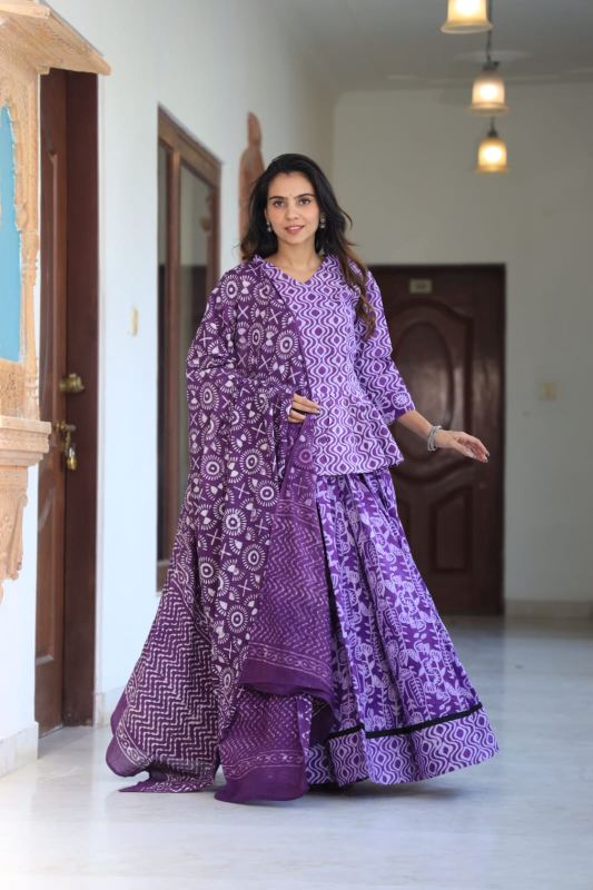 Amethyst Mul mul Cotton Lehenga set Natural Block prints