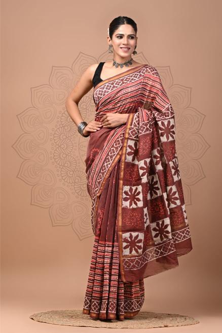 Lotus block printed Chanderi Silk saree