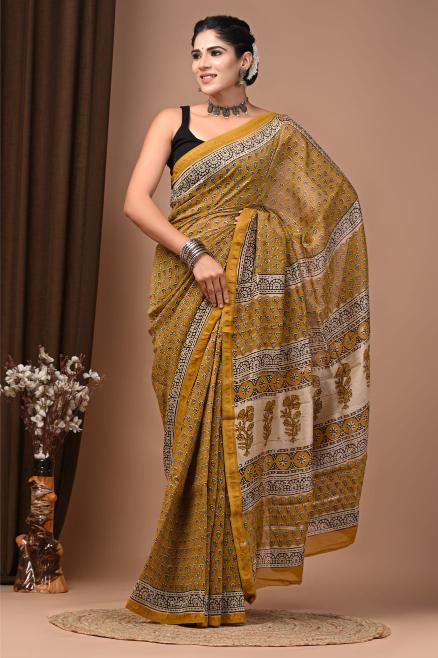 Yellow Floral block printed Chanderi Silk saree