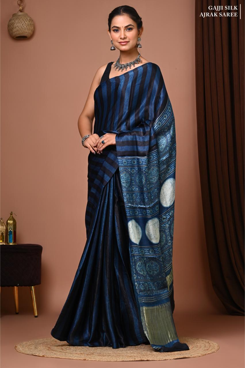Eco block Print Stripes Vegan Silk saree