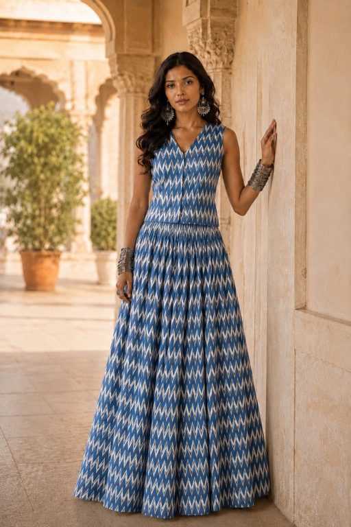 Indigo Chevron Handcrafted Skirt & Vest Set