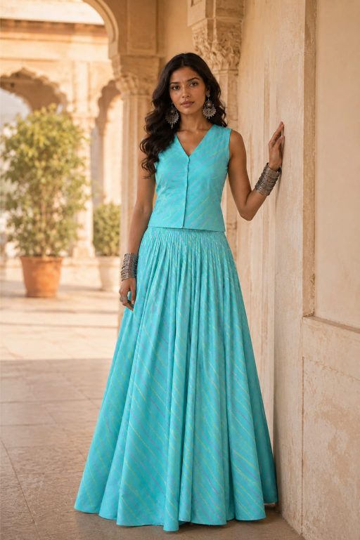 Royal Cyan Cotton Co-Ord Set | Handcrafted Skirt & Vest Set
