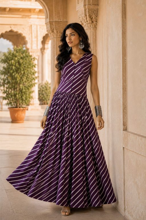 Purple yellow leheriya Cotton Co-Ord Set | Handcrafted Skirt & Vest Set