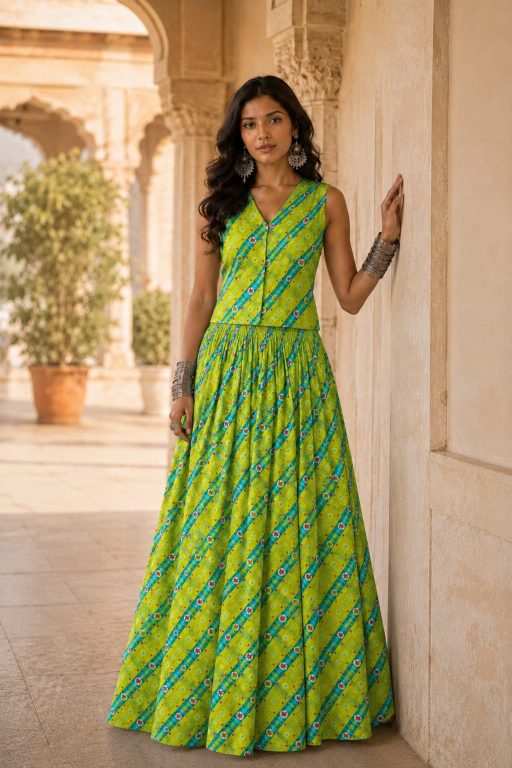 Green Blue Leheriya Cotton Co-Ord Set | Handcrafted Skirt & Vest Set