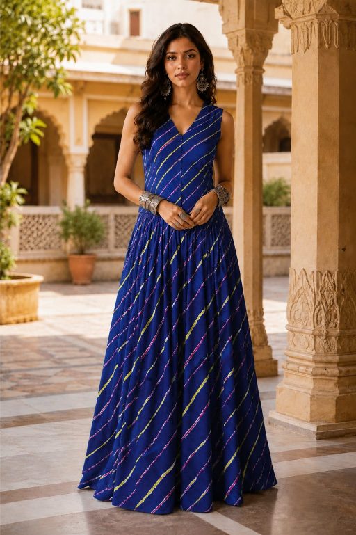 Royal Blue Hand-Printed Leheriya Cotton Co-Ord Set | Handcrafted Skirt & Vest Set