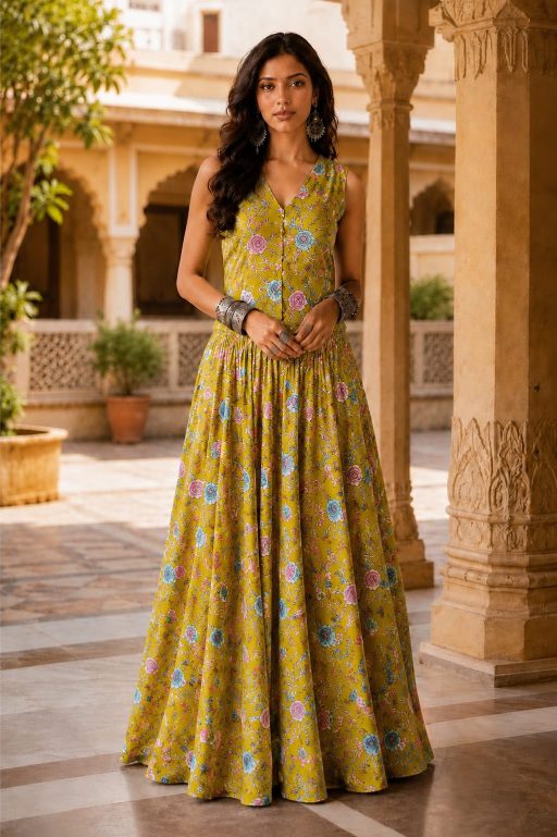 Mustard Leheriya Cotton Co-Ord Set | Handcrafted Skirt & Vest Set
