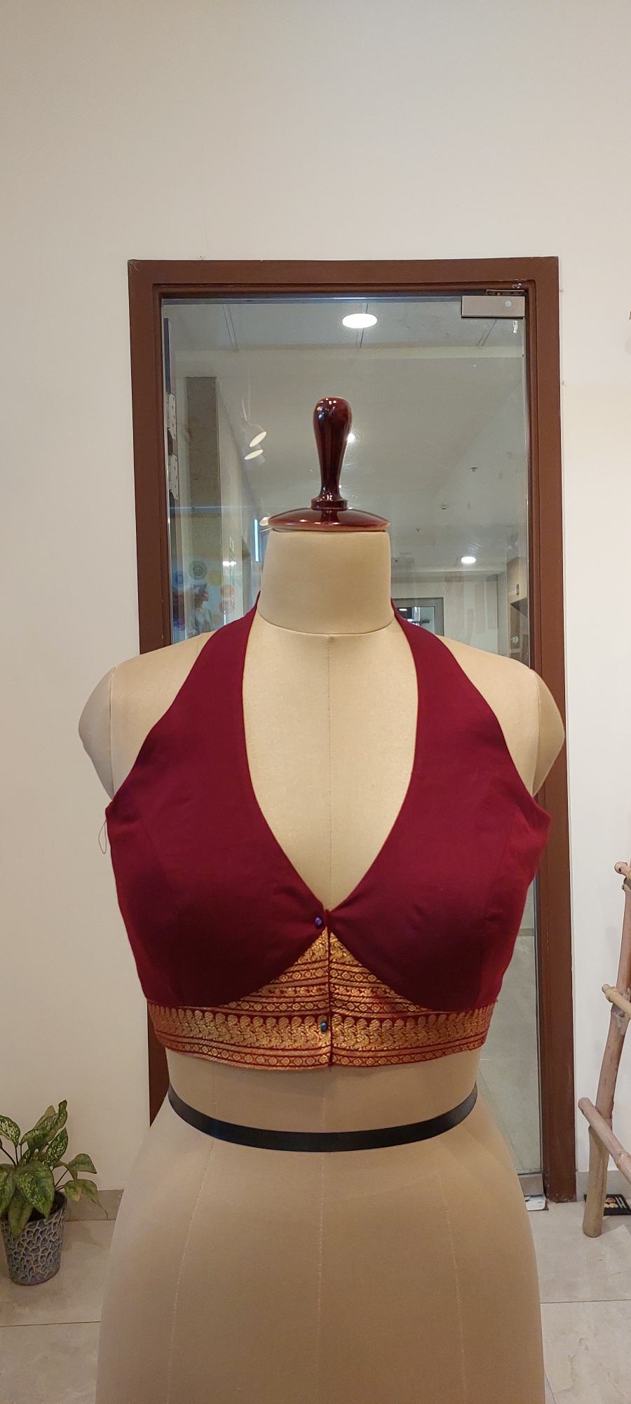 Maroon Cotton Halter Racerback Saree Blouse with Gold Zari Brocade Accent