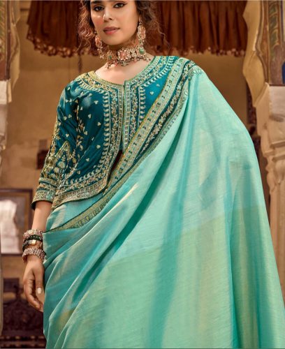Cyan Gold Linen Silk Saree with Teal Embellished Jacket Blouse | Festive Diwali Collection