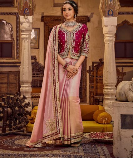 Rose Gold Linen Silk Saree with Embellished pink Coat-Style Jacket Blouse | Festive Diwali Collection