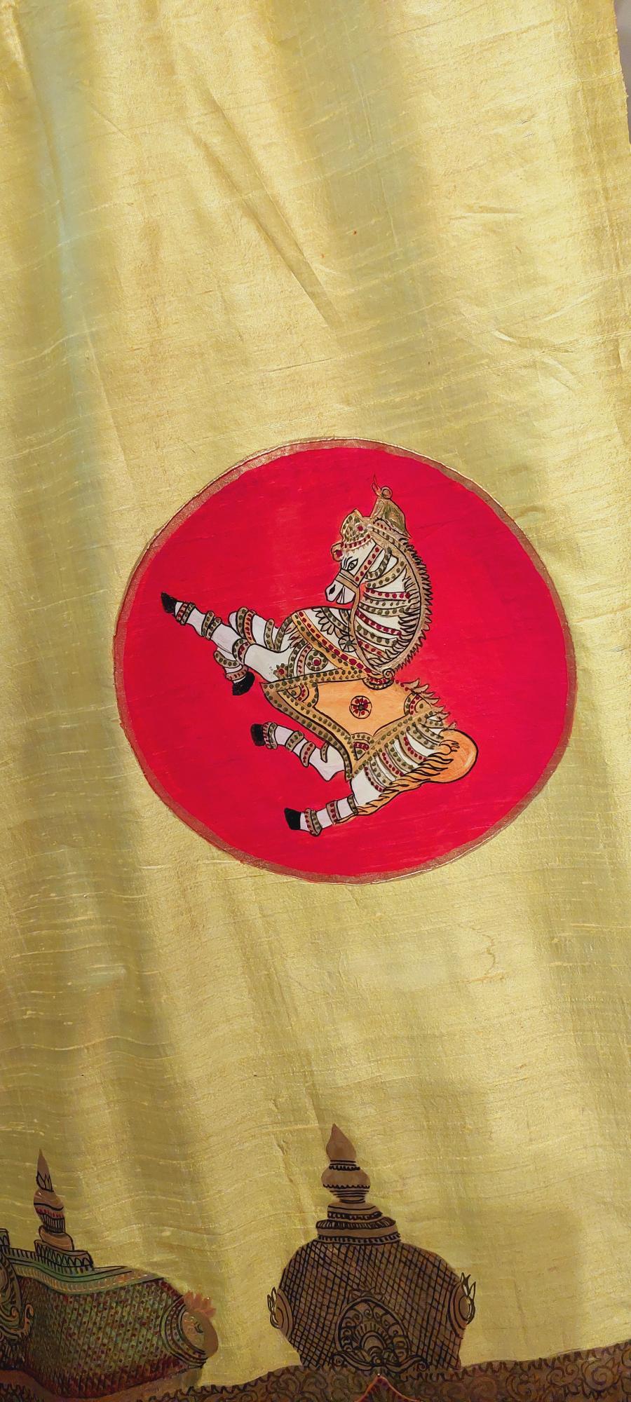 Yellow Raw Silk Saree,Indian handmade Bridal saree,Hand painted saree,Tanjore Silk saree,Party Wear,Tanjore Style Painted blouse,Tanjore Parrots Hand painting Saree,Tanjore Peacock,Tanjore Elephant, Tanjore Horse, painted sarees, hand painting sarees, painting sarees online, hand painted floral sarees, painting saree, floral hand painted saree, painted saree, designer hand painted sarees, hand painted sarees india, hand painted silk sarees