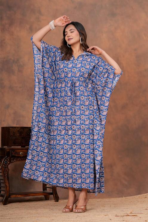 Shop mul mul cotton kaftans for daily wear. Super soft pure cotton long kaftans in floral prints for you.