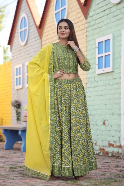 Amaltas Lehenga Set, olive green Lehenga, Navratri Lehenga sets, Navratra Lehenga, Ranga Chakra, Pure cotton Lehenga