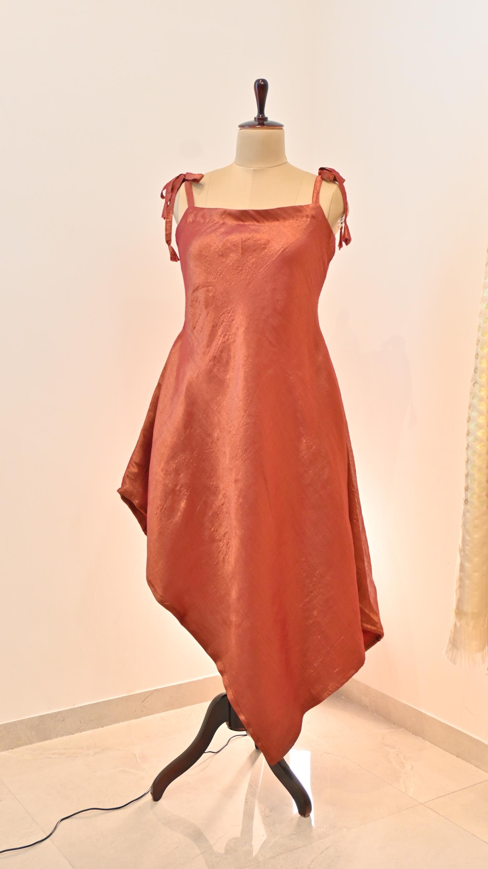 Asymmetric Hem Spaghetti Style Metallic Dress, Terracotta Dress, Summer dress, sun Dress, Asymmetric Hem Spaghetti Style Metallic Dress, Spaghetti Dress, Asymmetrical Dress, Tissue Dress, Vacay Dress, Dress for women, Online dresses, Boutique style Dress