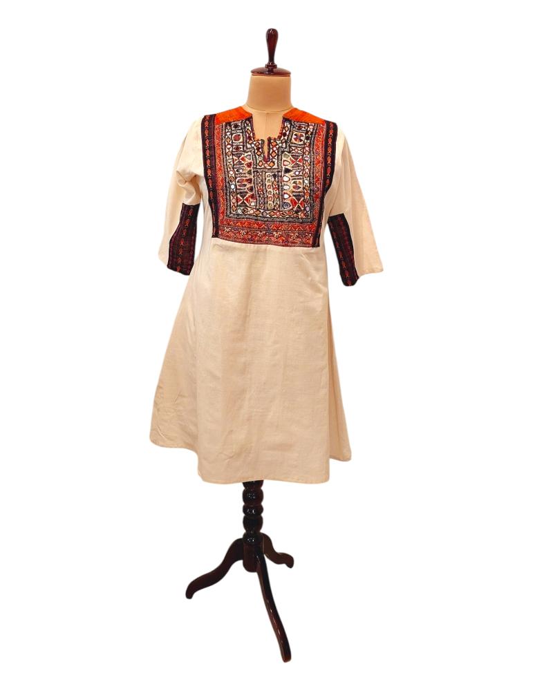 Sun dress, Summer Dress, Balochi Dress, Kutchi Yoke Dress, Off white Organic Dress, Pure cotton Dress, Handcrafted Dress, Fusion Dress