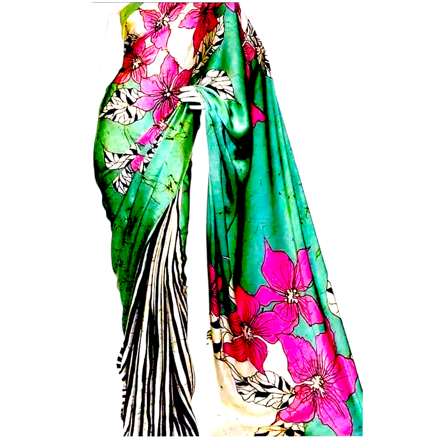 Green batik silk saree with pink floral print and black and white striped border.