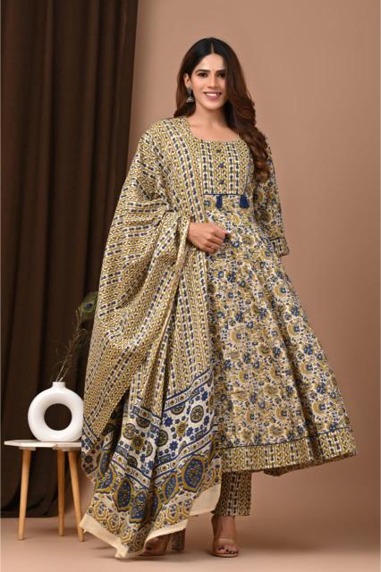 Beige cotton Anarkali suit