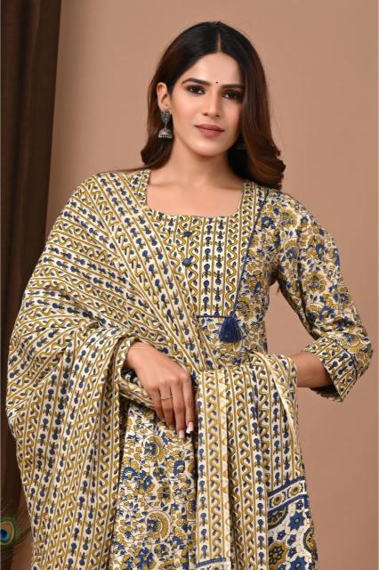 Beige cotton Anarkali suit